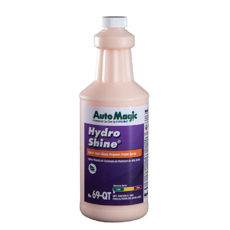 A bottle of AutoMagic Hydro Shine-Quick High-Gloss Polymer Finish Spray with purple label.
