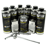 Raptor protective coating products including cans and tools on a white background