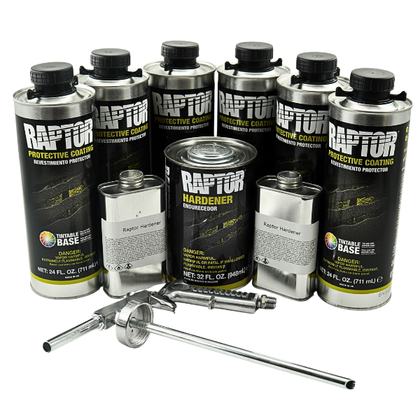 Raptor protective coating products including cans and tools on a white background