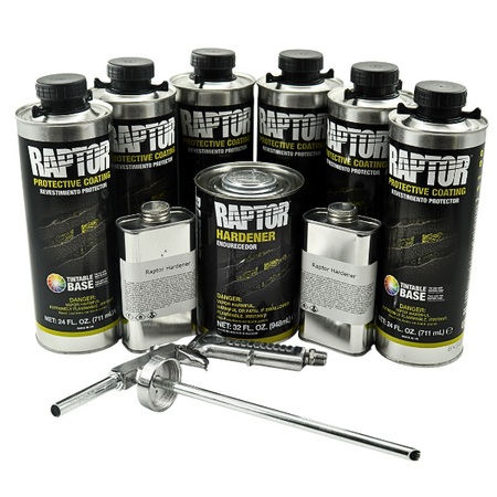 Raptor protective coating products including cans and tools on a white background