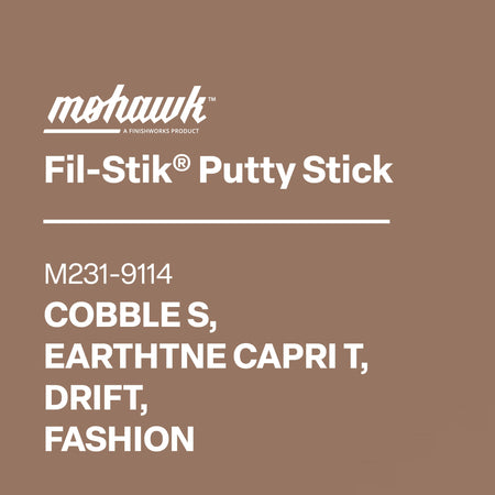 Mohawk Fil-Stik Putty Stick packaging with color swatches on a brown background