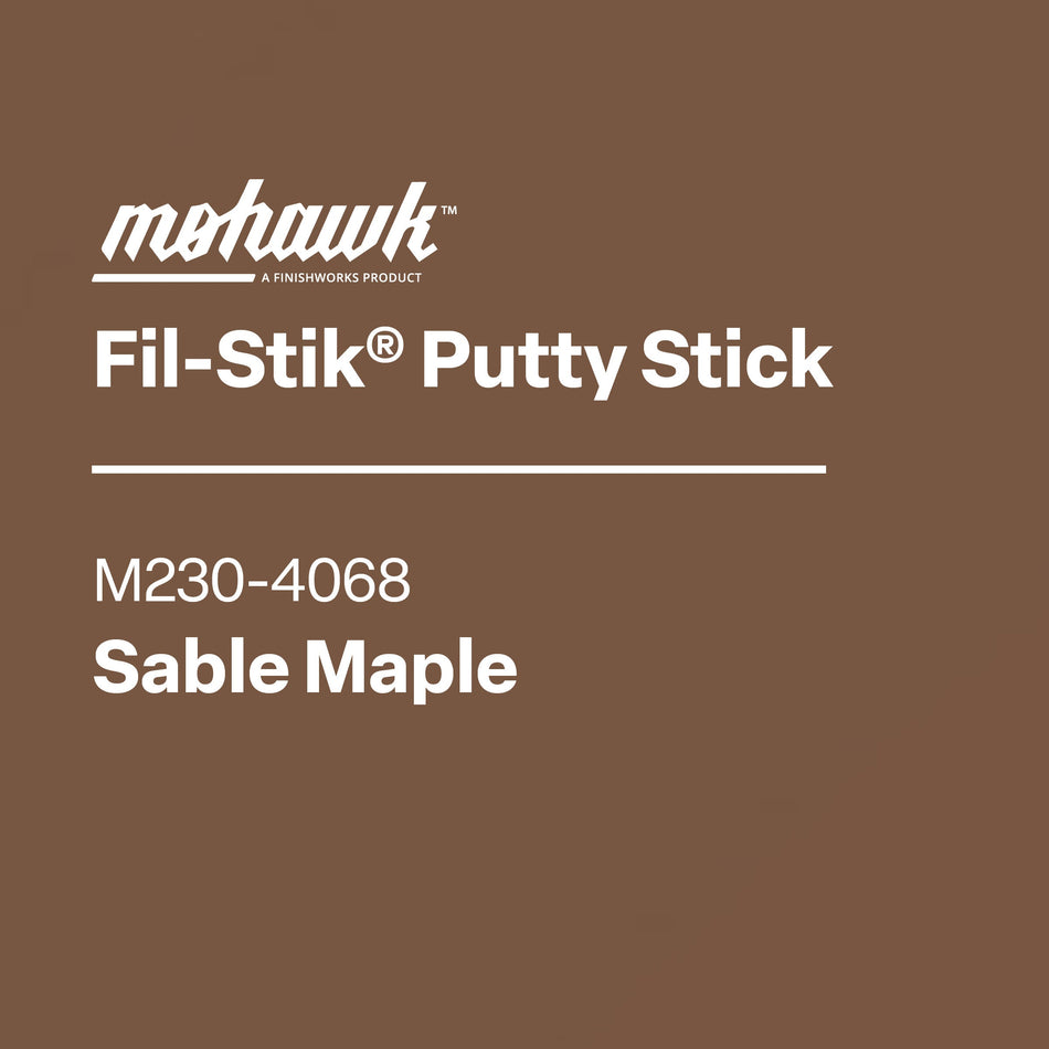 Mohawk Fil-Stik Putty Stick packaging with product name and color on a brown background