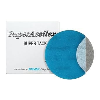 SuperAssilex super tack product with blue and gray half-circle design on a white background
