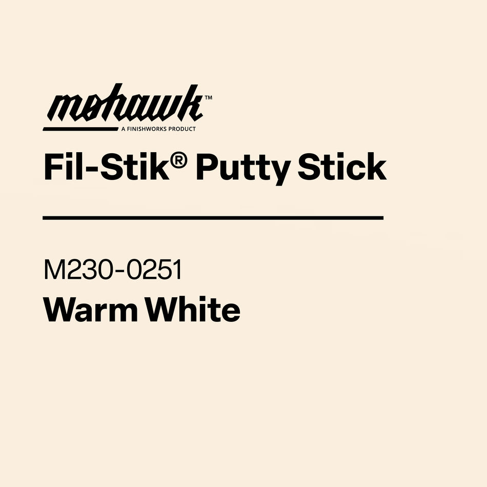 Label for Mohawk Fil-Stik Putty Stick in Warm White on a beige background