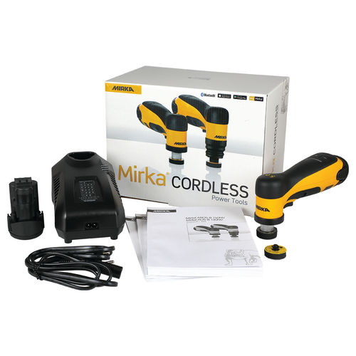 Mirka cordless power tool set with packaging on a white background