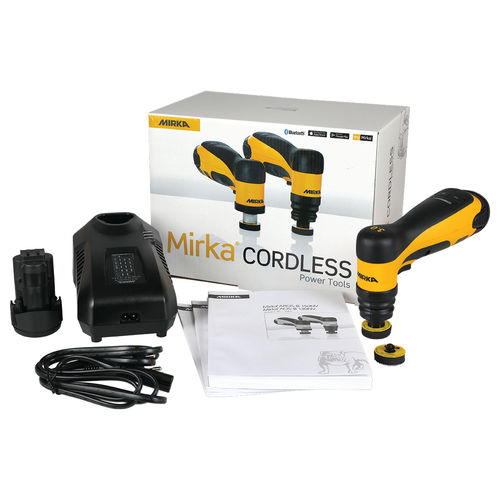 Mirka cordless power tool set with tools, charger, and packaging on a white background