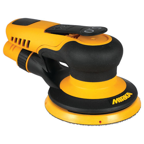 Yellow and black random orbit sander with Mira branding on a white background