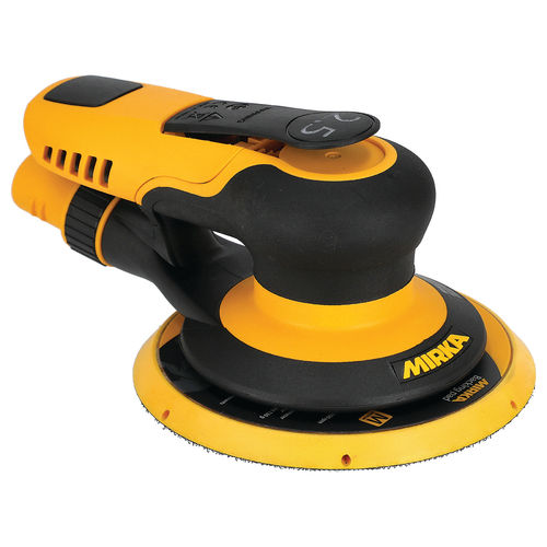 Yellow and black random orbit sander with Mirka branding on a white background