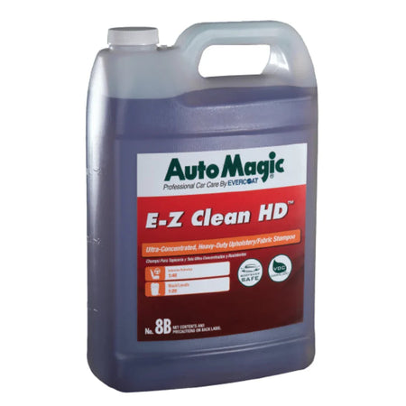 A plastic container of AutoMagic EZ Clean Heavy-Duty-Concentrated Fabric Shampoo with blue and red label.