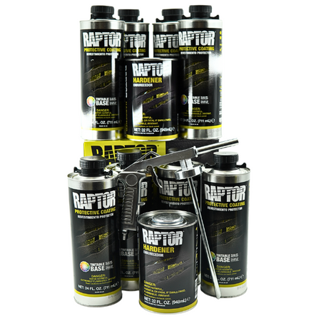 Collection of Raptor automotive products including cans and a spray gun on a white background