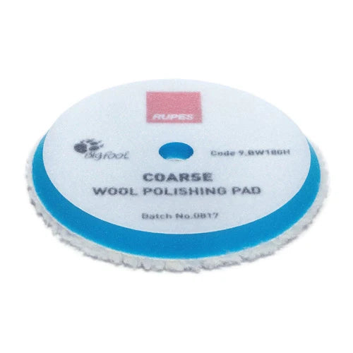A Coarse Blue Wool Polishing Pad with a white and blue label, including the RUPES brand and product information.