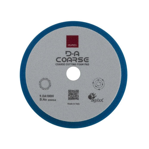 A RUPES DA Coarse Cutting Foam Pad with blue and red branding, 7 inches in diameter, intended for use with dual-action polishers.