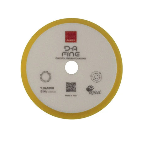 A RUPES DA Fine Yellow Polishing Foam Pad with product information and branding on the label.