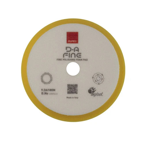 A RUPES DA Fine Yellow Polishing Foam Pad with product information and branding on the label.