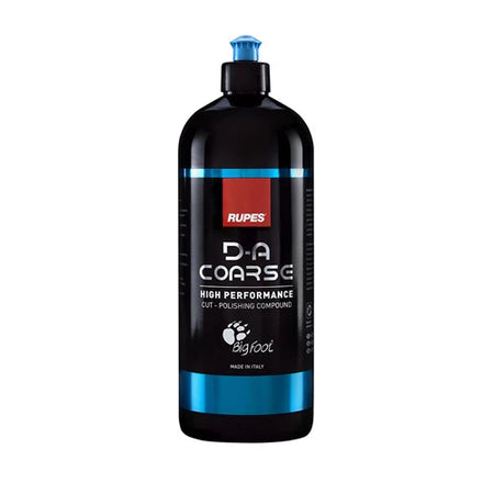A black bottle of RUPES DA Coarse-Coarse Compound with blue and red labeling, indicating high performance for severe paint defects.