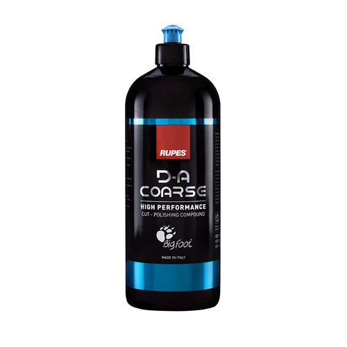 A black bottle of RUPES DA Coarse-Coarse Compound with blue and red labeling, indicating high performance for severe paint defects.
