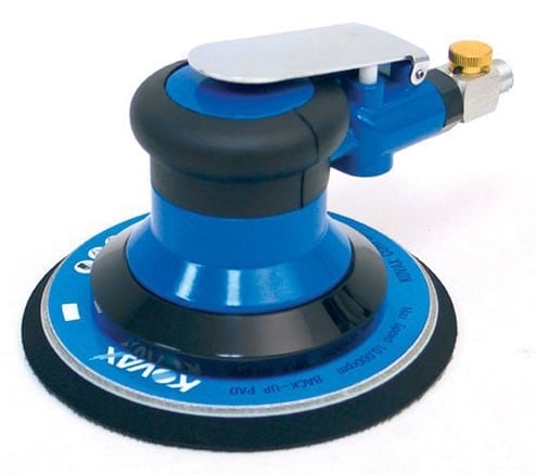 Blue and black sanding machine with 'Kovax' branding on a white background