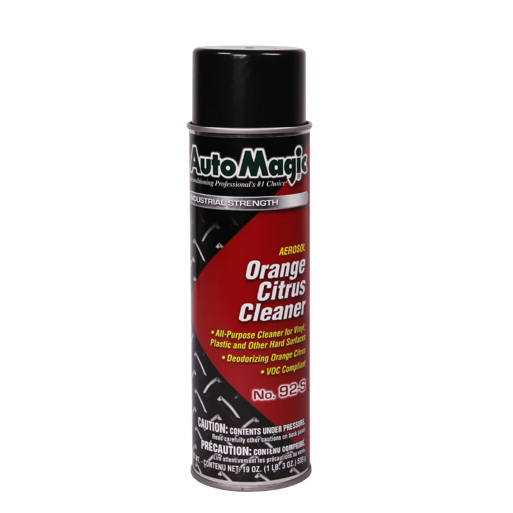 A can of AutoMagic Orange Citrus Cleaner with a black and red label, indicating it is an aerosol spray cleaner.
