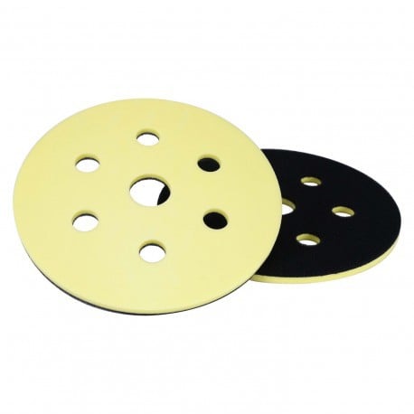 Two sanding discs, one yellow and one black, on a white background