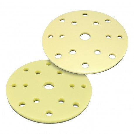 Two yellow sanding discs with multiple holes on a white background