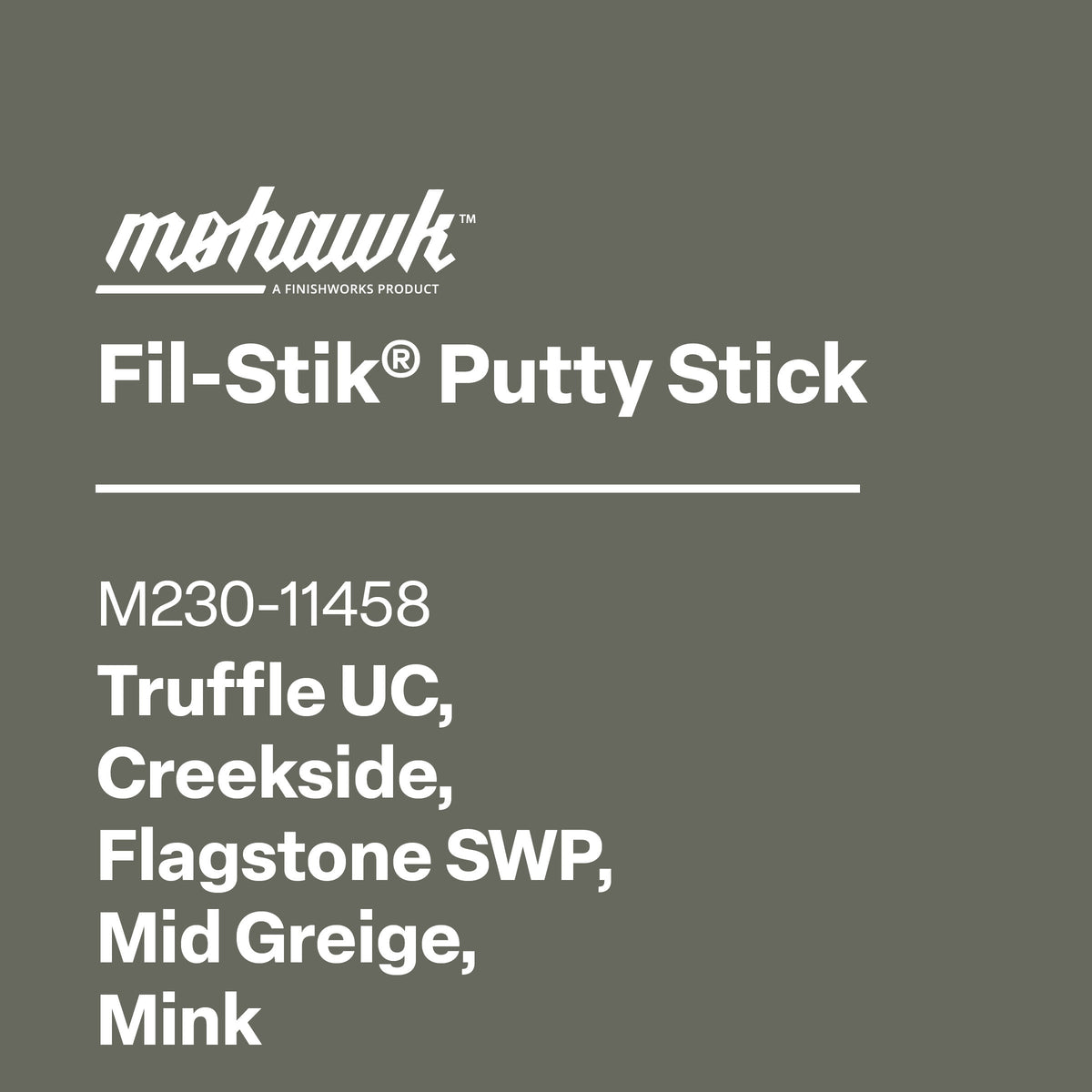 Mohawk Fil-Stik Putty Stick product information on a gray background