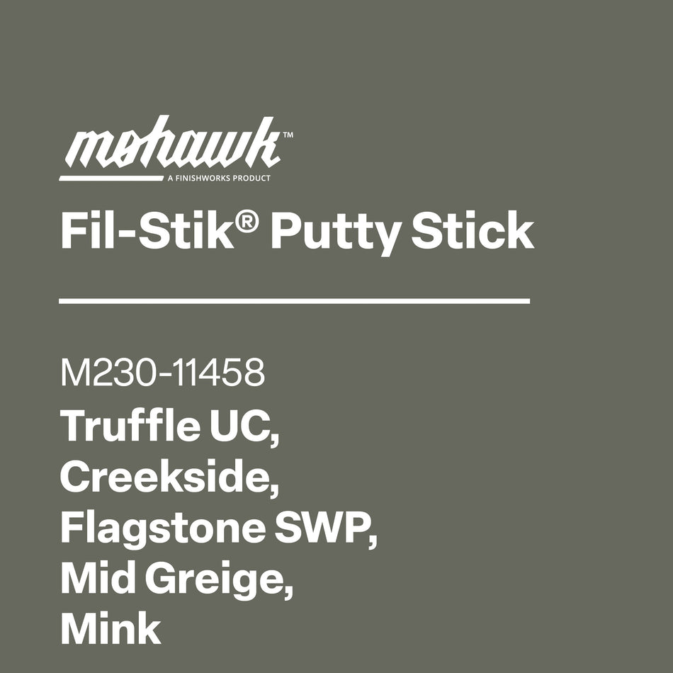 Mohawk Fil-Stik Putty Stick product information on a gray background