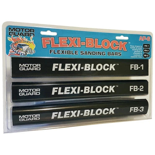Three Motor Guard Flex-Block sanding bars packaged in a plastic blister pack with the product name and branding visible.
