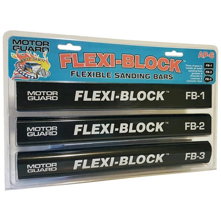 Three Motor Guard Flex-Block sanding bars packaged in a plastic blister pack with the product name and branding visible.