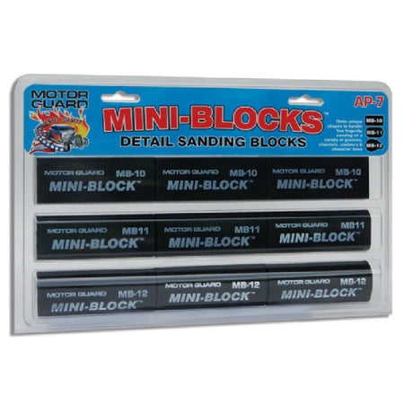 A pack of three black sanding blocks labeled 'MOTOR GUARD MINI-BLOCKS' in a clear plastic packaging with blue and red accents.