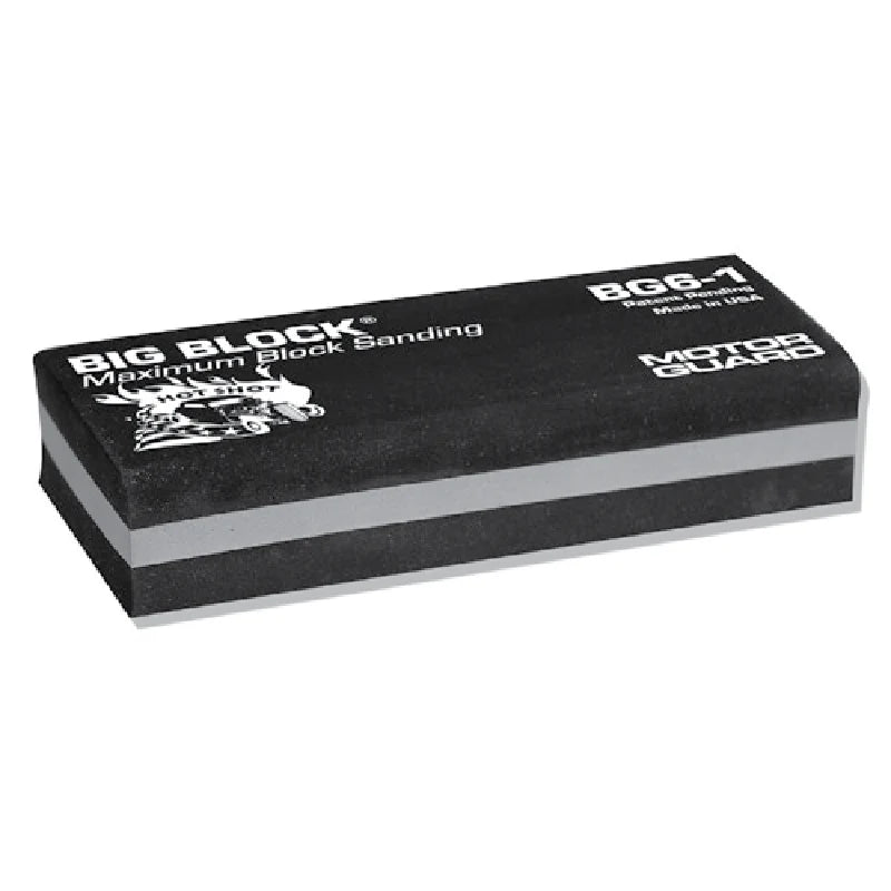 A black 6.5 in. Big-Block Sanding Block with 'MOTOR GUARD' branding and '6.5 BIG-BLOCK SANDING' printed on it.