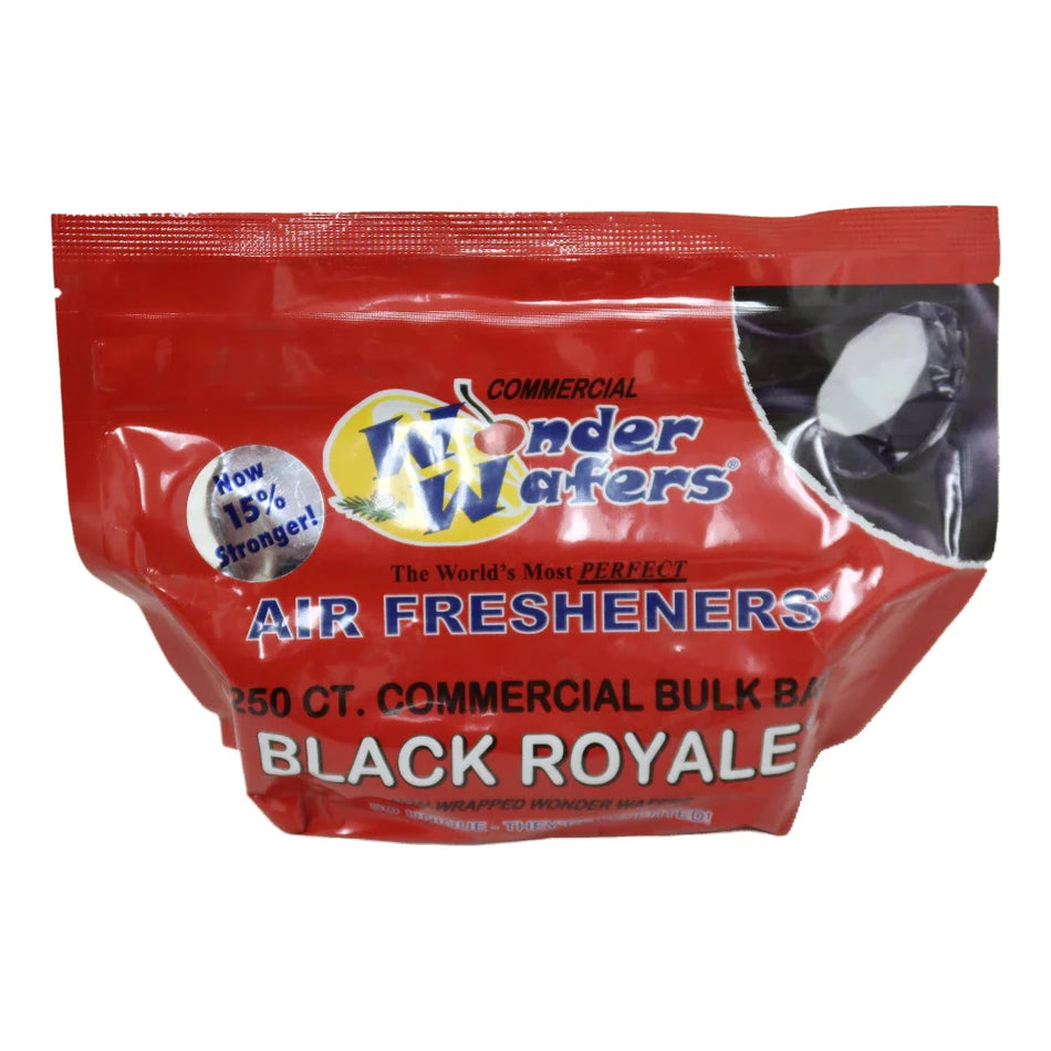 A red package of AutoMagic air fresheners labeled 'Black Royale' with a count of 250 wafers.