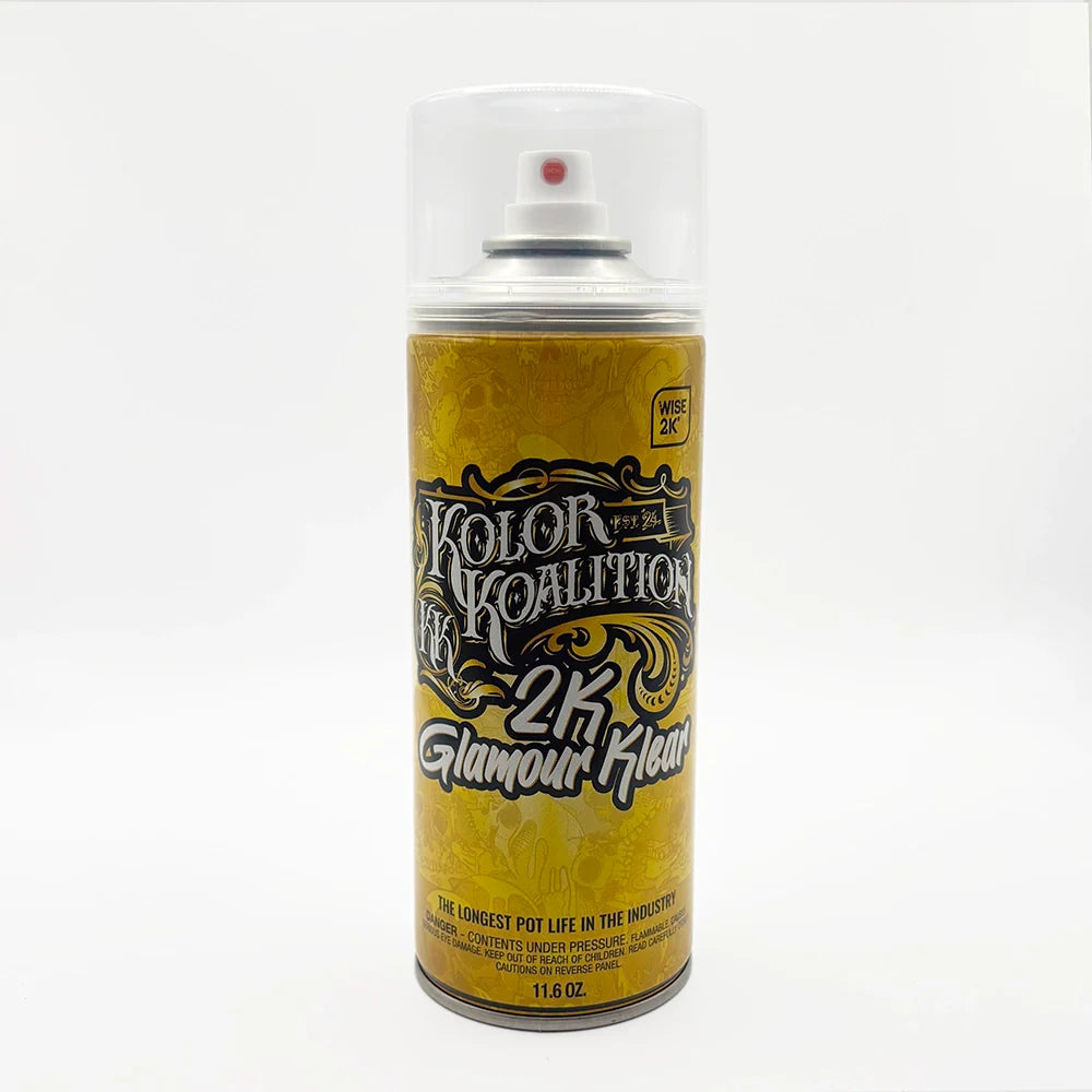 A can of Kolor Koalition 2K Glamour Klear clearcoat spray paint with yellow and black labeling.