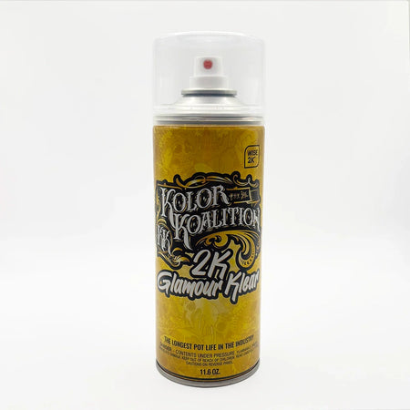 A can of Kolor Koalition 2K Glamour Klear clearcoat spray paint with yellow and black labeling.
