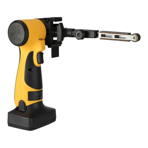 Yellow and black tool with interchangeable attachments on a white background