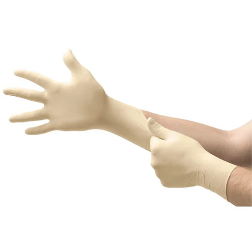A person wearing a beige latex glove, with the palm facing upwards. The glove is textured and designed for grip.
