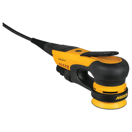 Yellow and black random orbit sander with visible branding on a white background