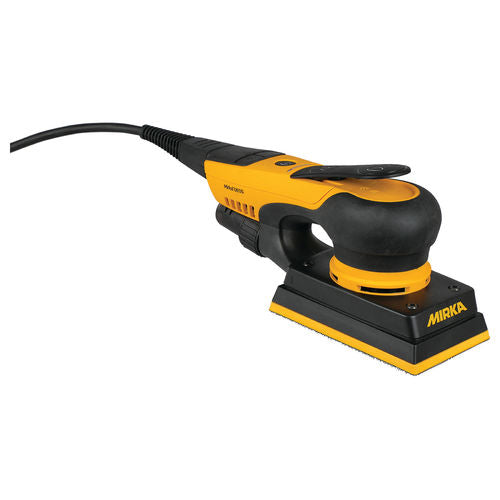 Yellow and black random orbit sander with 'Mirka' branding on a white background