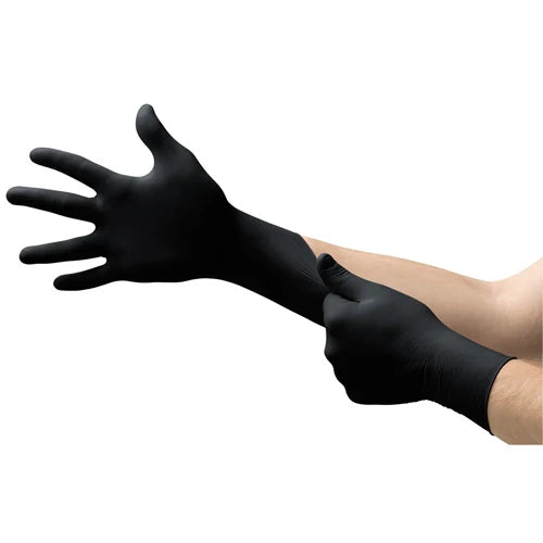 A single black powder-free nitrile examination glove on a human hand, featuring textured grip and a powder-free design.