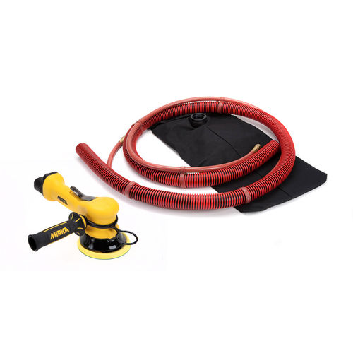 Yellow and black sanding machine with red hose on a white background