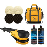 Automotive detailing kit with polisher, buffers, and cleaning products on a white background