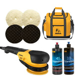 Automotive detailing kit with polisher, buffers, cloths, and Mirka branded bag on a white background