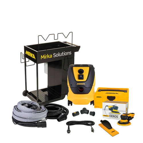 Mirka Solutions car care product set including a cart, pressure washer, and various tools on a white background.