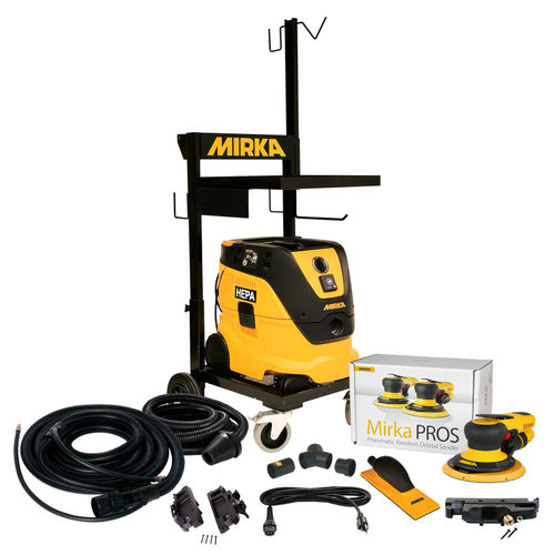 Mirka PROS cleaning system with cart, hoses, and tools on a white background