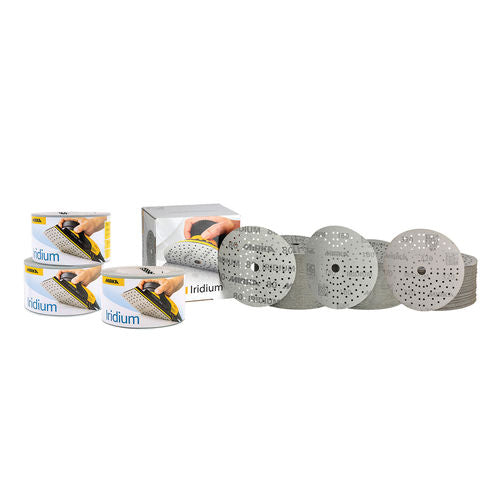 Iridium sanding discs with packaging on a white background