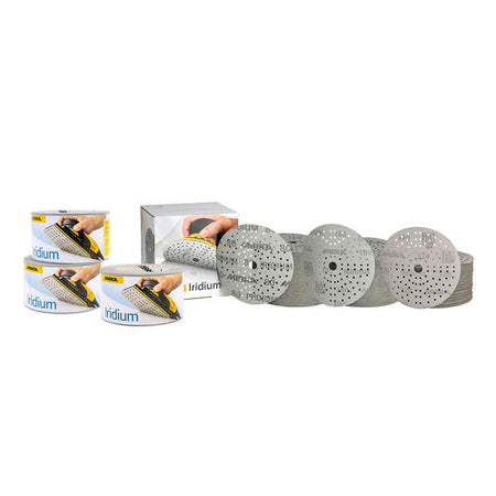 Iridium sanding discs with packaging on a white background
