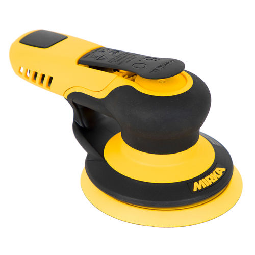 Yellow and black random orbit sander with Mirka branding on a white background