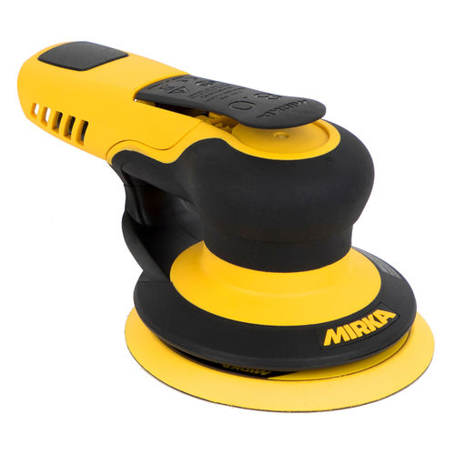 Yellow and black Mirka sanding machine on a white background