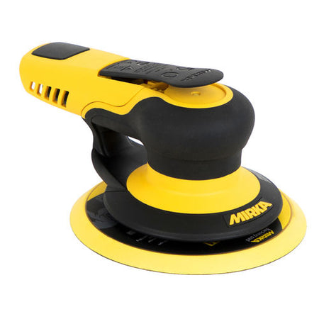 Yellow and black random orbit sander with Mirka branding on a white background
