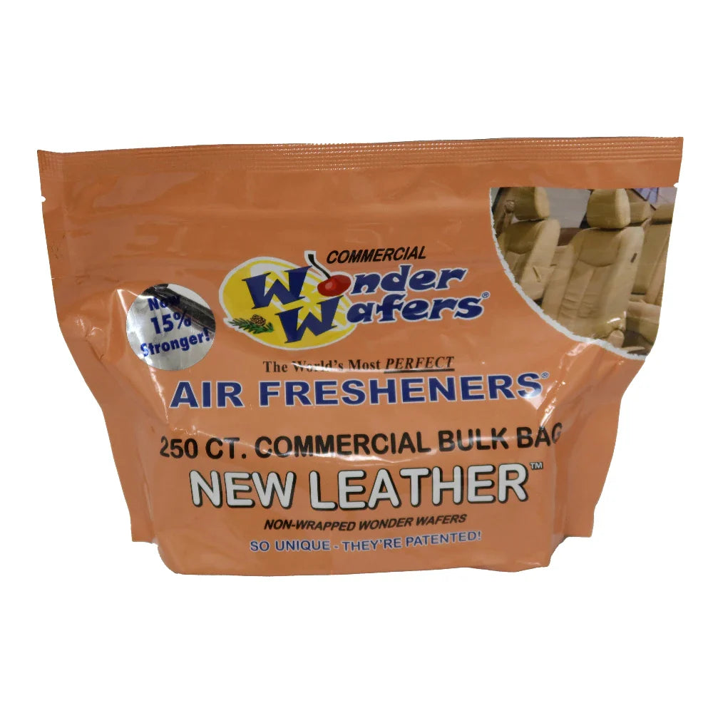 A package of AutoMagic air fresheners containing 250 wafer-shaped scent devices with a new leather scent.