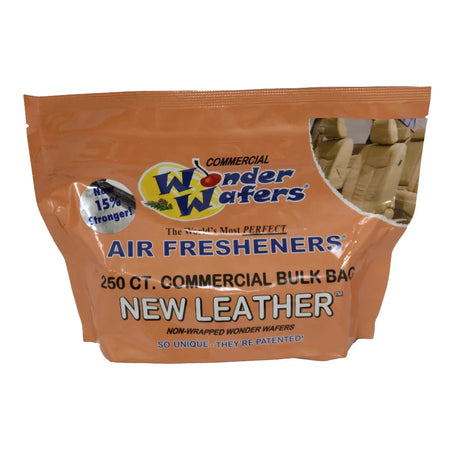 A package of AutoMagic air fresheners containing 250 wafer-shaped scent devices with a new leather scent.